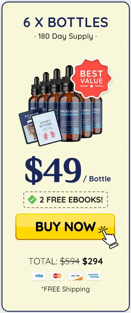 Prostadine 6 bottles 180-day supply — $49 per bottle Best Value pack with 2 free ebooks and free US shipping