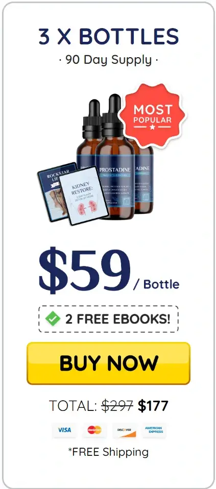 Prostadine 3 bottles 90-day supply — $59 per bottle with 2 free ebooks, free shipping, and Most Popular pricing