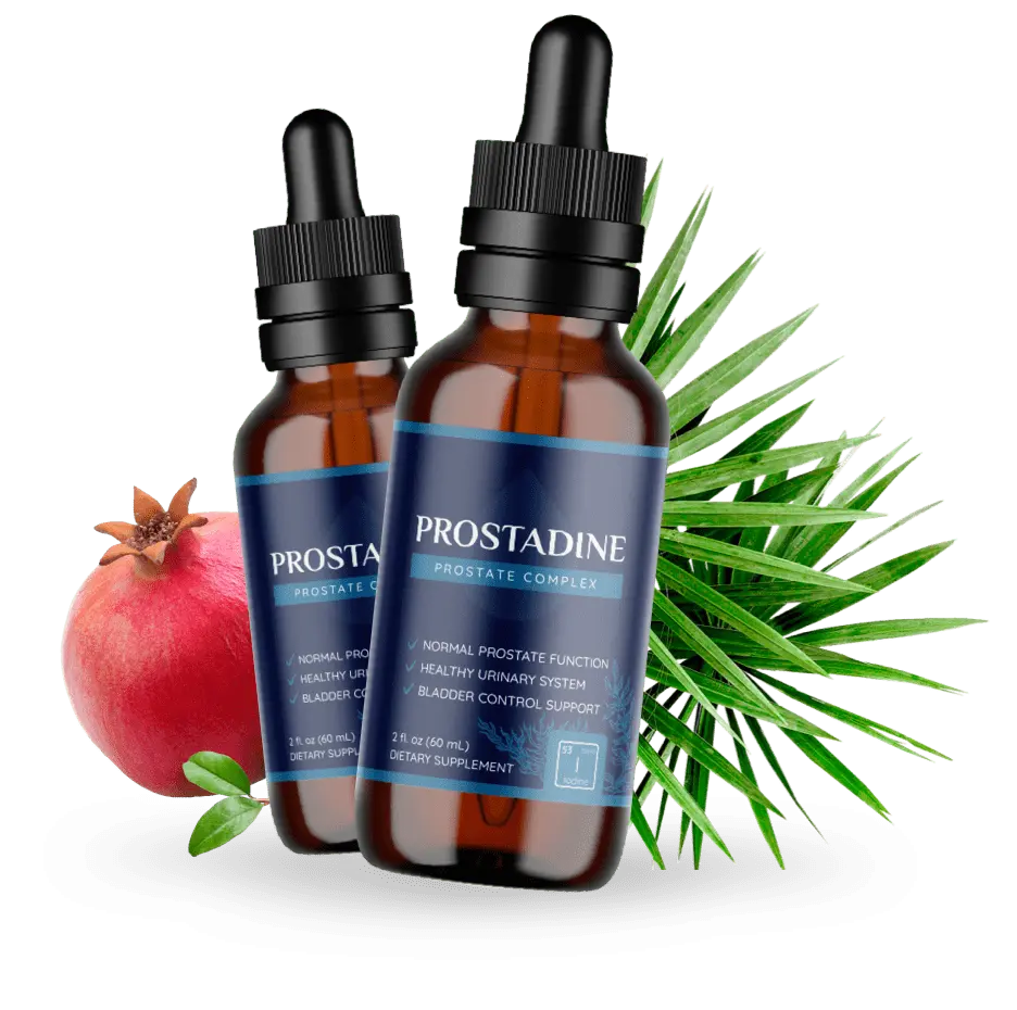 Prostadine liquid prostate supplement bottles with natural pomegranate and saw palmetto ingredients