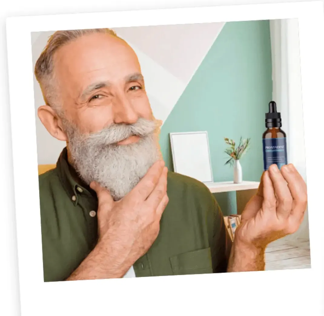 Verified Prostadine customer holding a bottle of Prostadine liquid prostate supplement after positive results